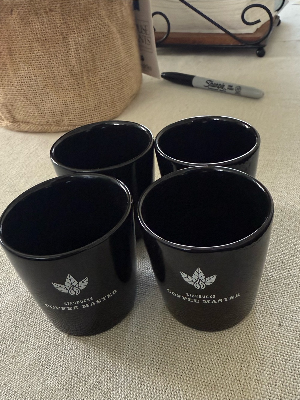 Company Coffee Master 2004 Black Shot Glass Starbucks ,White Logo - Set of 4